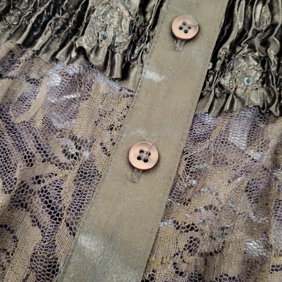 Lace long sleeve blouse button down sheer satin patchwork crinkle - Picture 14 of 14